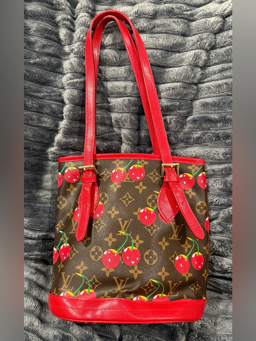 Red Cherry Print Tote Bag with Brown Monogram Canvas